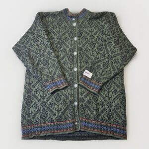 Vintage Dale of Norway Wool Cardigan Sweater Green Black Nordic Fair Isle L 1977